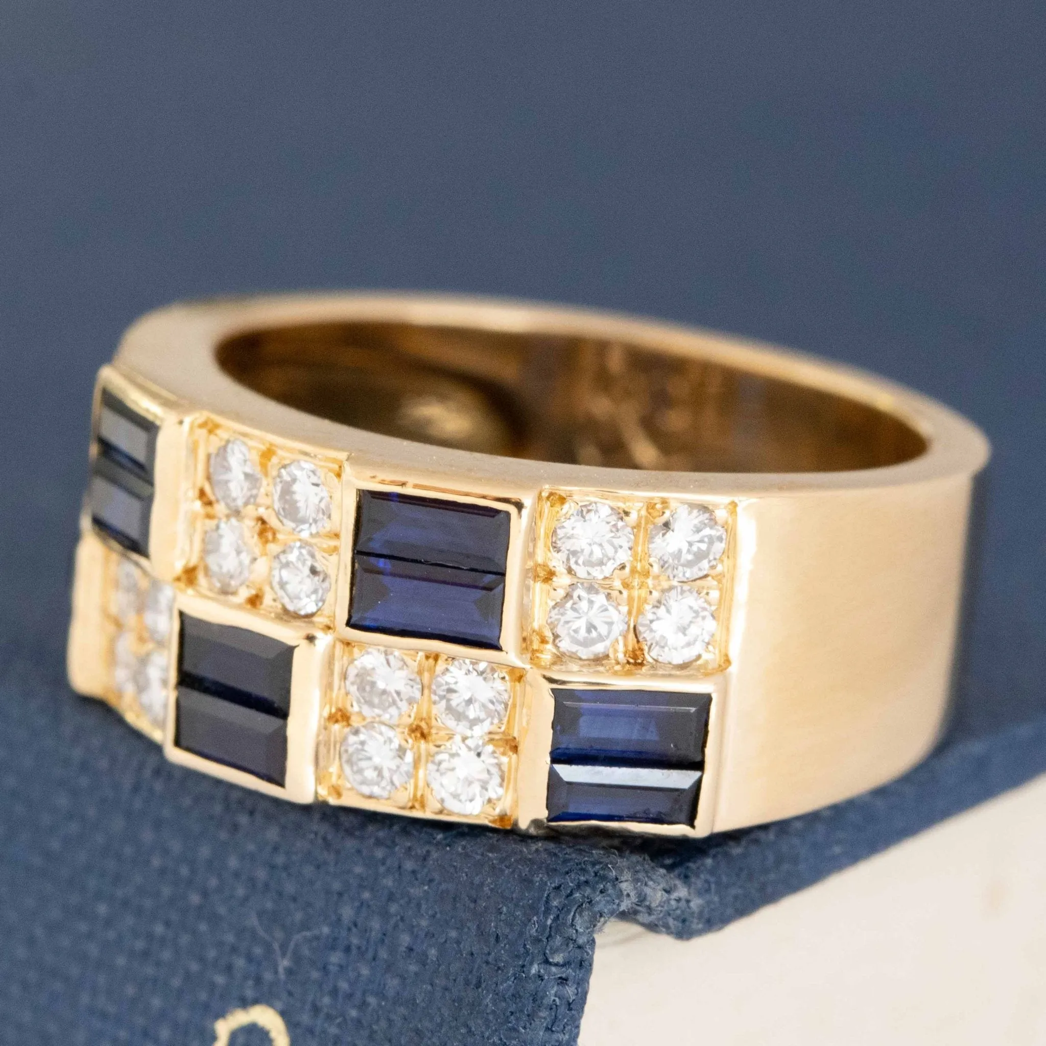 1.15ctw Vintage Diamond & Sapphire Checkerboard Ring French