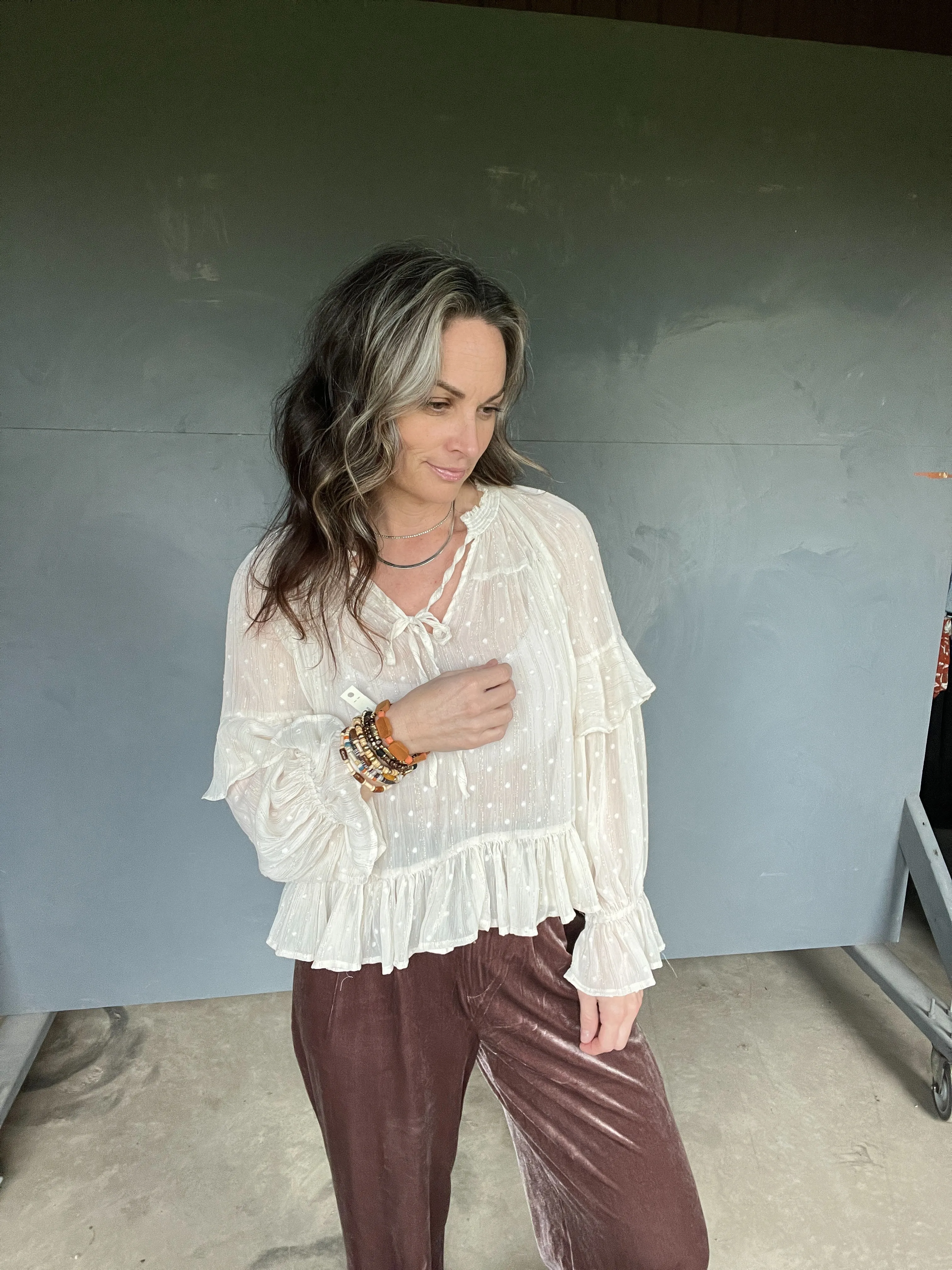 12233 IVORY CHIFFON DOT BOHO STYLE BLOUSE
