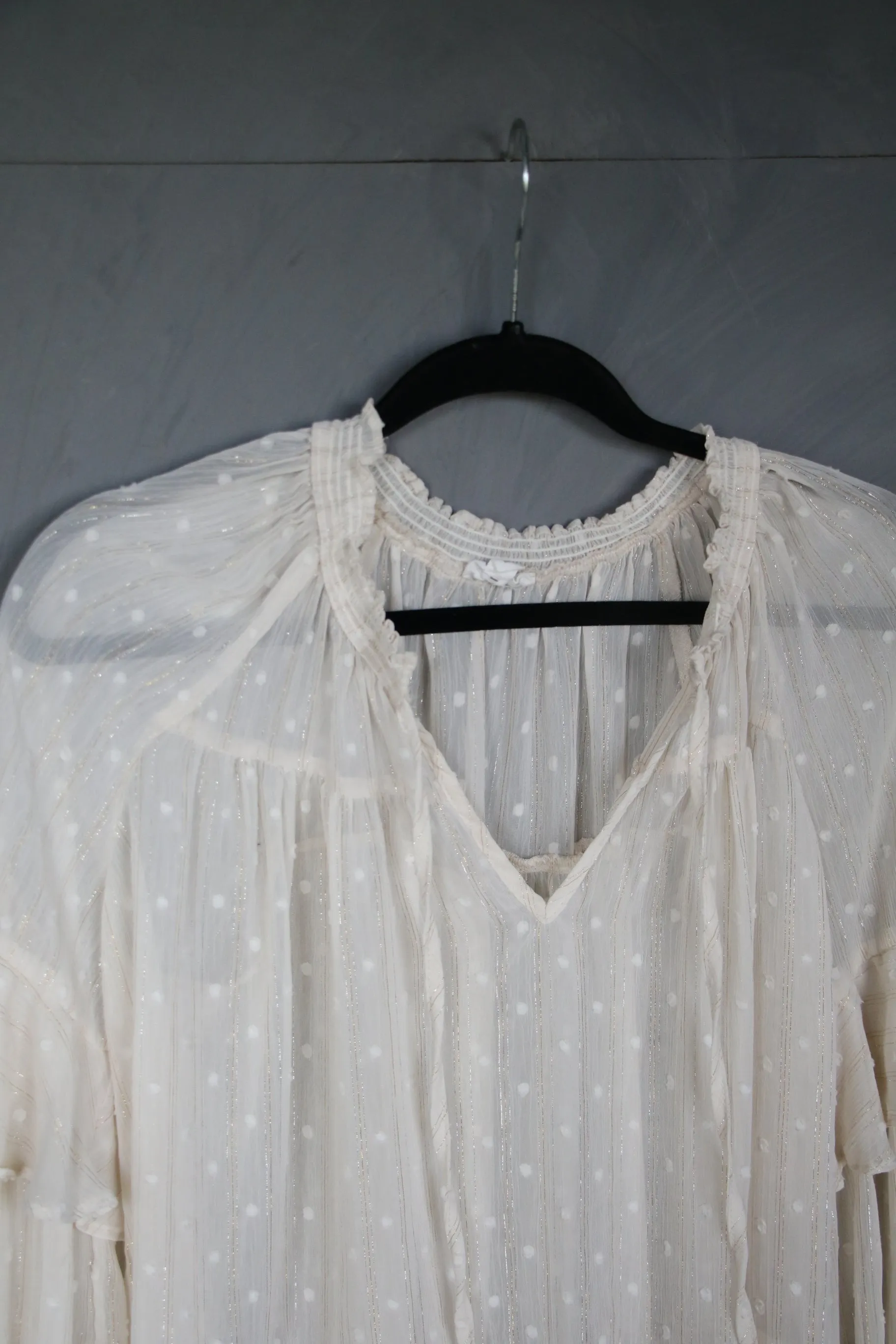 12233 IVORY CHIFFON DOT BOHO STYLE BLOUSE