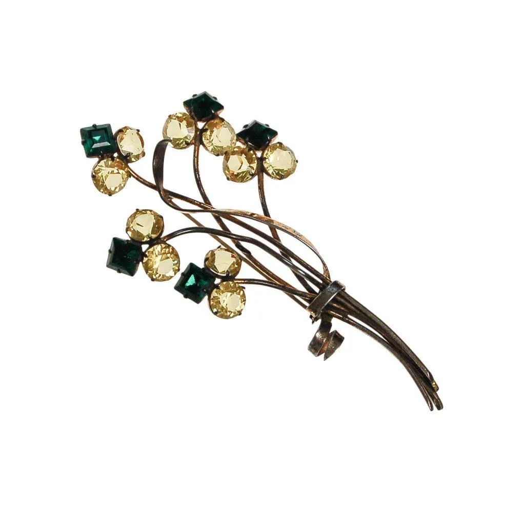 1930s Massive Sterling Silver Flower Brooch with Green and Yellow Rhinestones