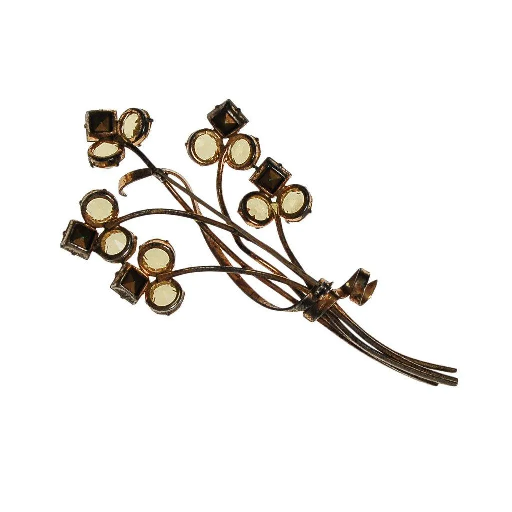 1930s Massive Sterling Silver Flower Brooch with Green and Yellow Rhinestones