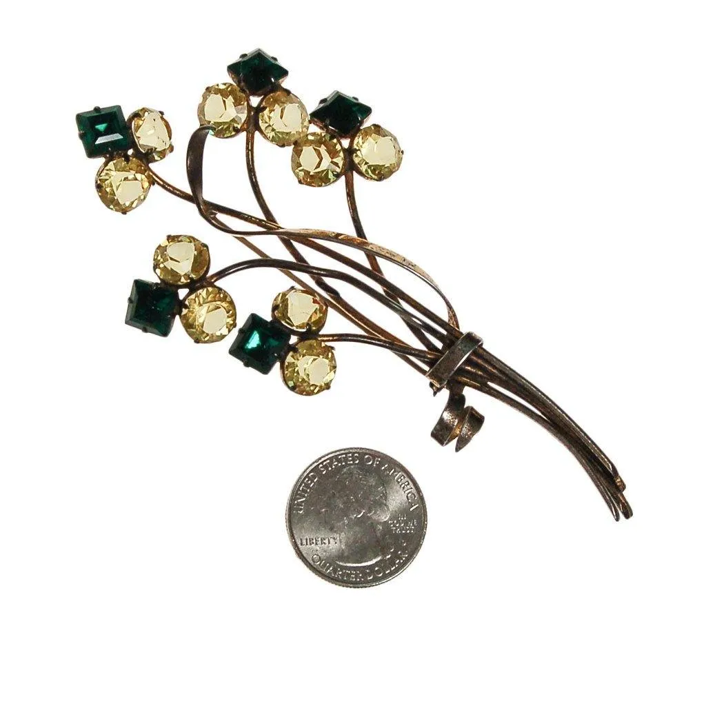 1930s Massive Sterling Silver Flower Brooch with Green and Yellow Rhinestones