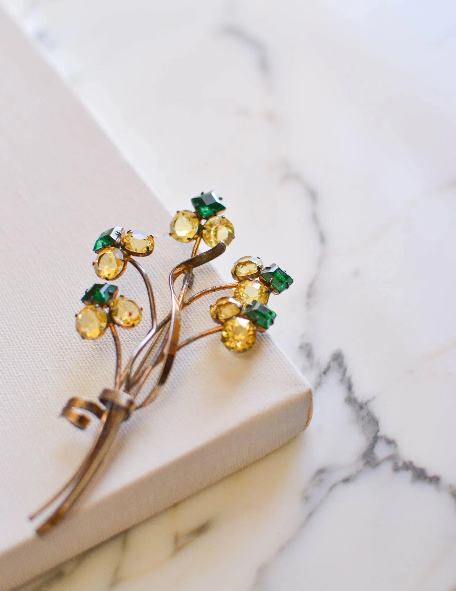 1930s Massive Sterling Silver Flower Brooch with Green and Yellow Rhinestones
