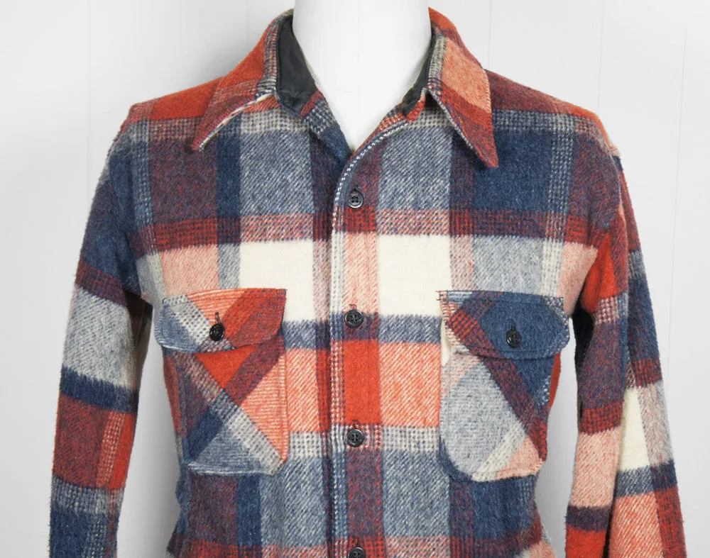 1950's Blue, Burnt Orange & Off White Checkered Flannel Shirt - Size L