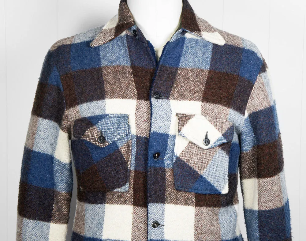 1960's Blue, Brown & Off White Checkered Flannel Shirt Jacket - Size M