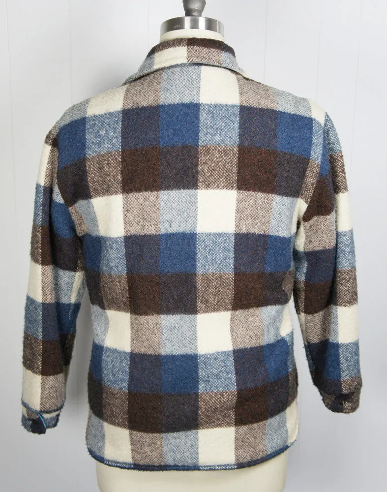 1960's Blue, Brown & Off White Checkered Flannel Shirt Jacket - Size M