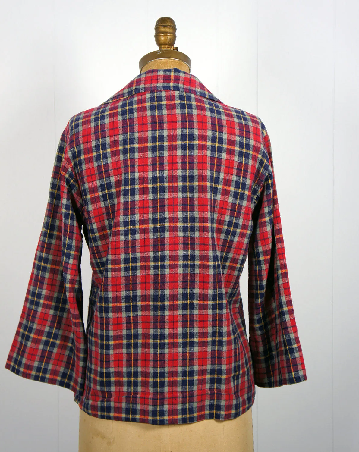 1970's Red, Blue & Yellow Striped Plaid Pullover Shirt, Size M