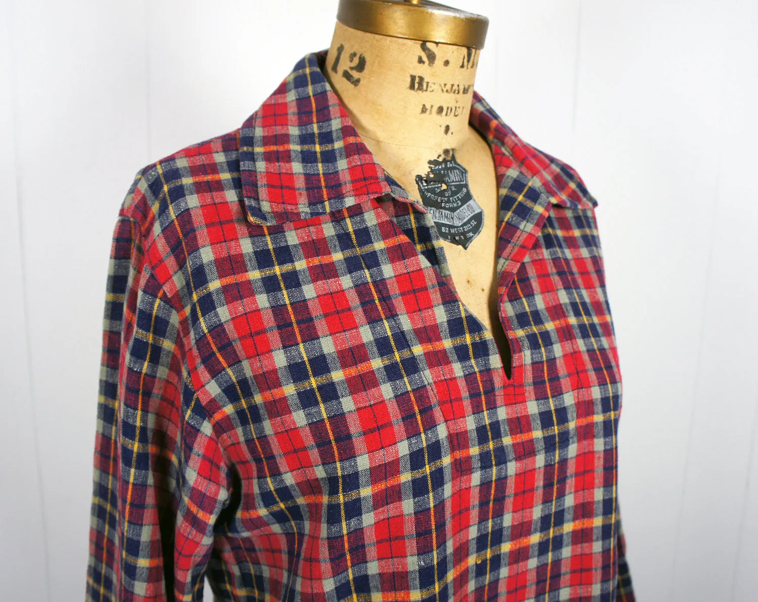 1970's Red, Blue & Yellow Striped Plaid Pullover Shirt, Size M