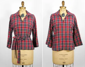 1970's Red, Blue & Yellow Striped Plaid Pullover Shirt, Size M