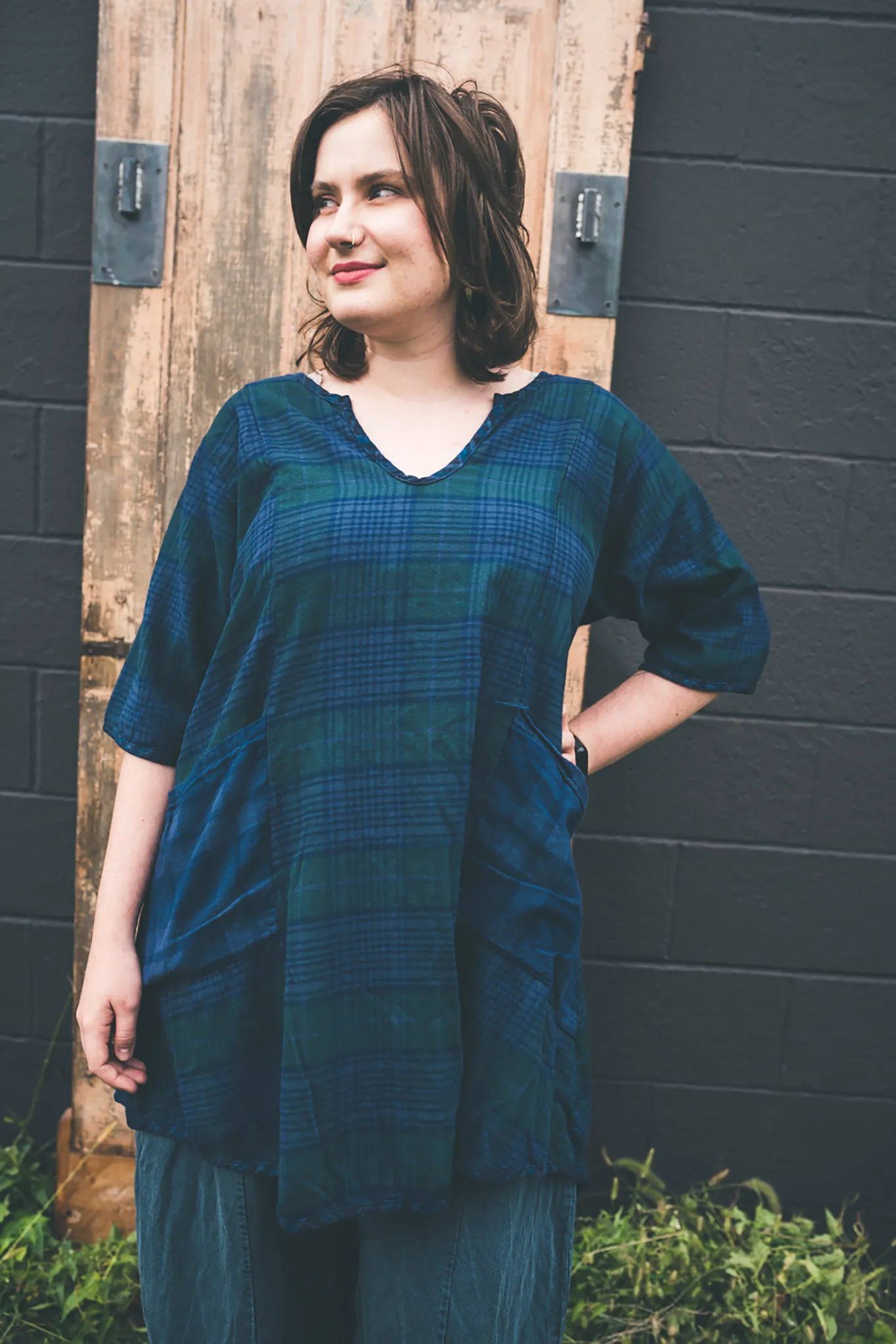 2309 Vintage Plaid Tunic-Blue/Green-U