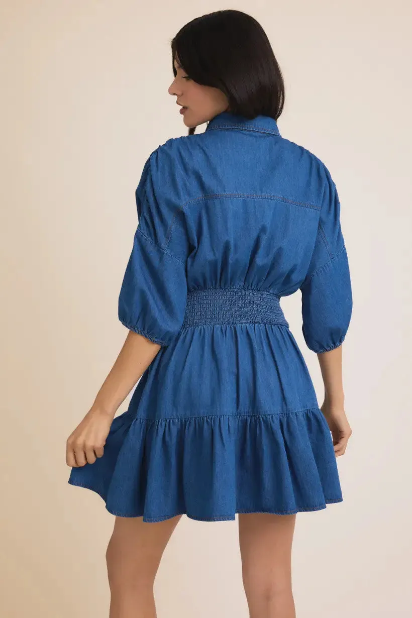 3/4 SLEEVE MINI TIERED SHIRT DRESS