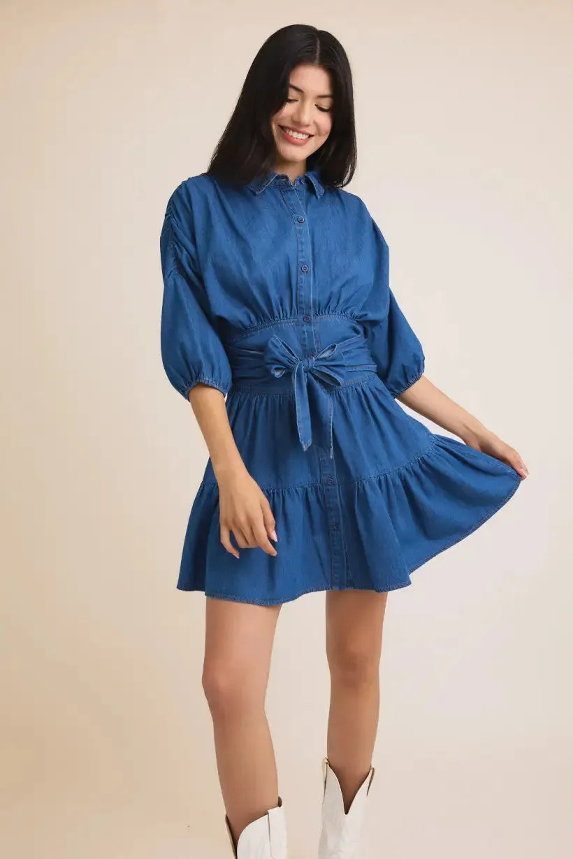 3/4 SLEEVE MINI TIERED SHIRT DRESS