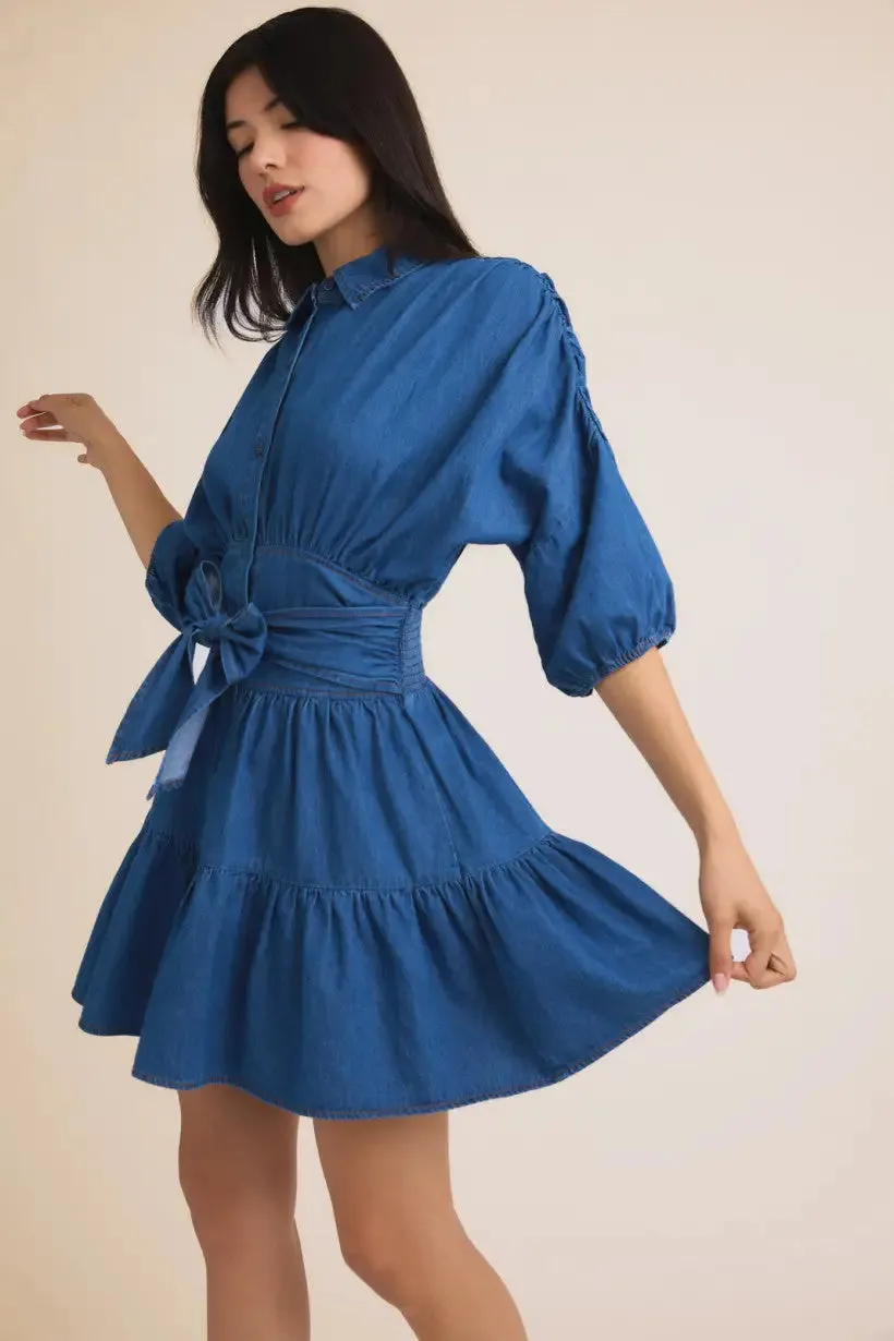 3/4 SLEEVE MINI TIERED SHIRT DRESS