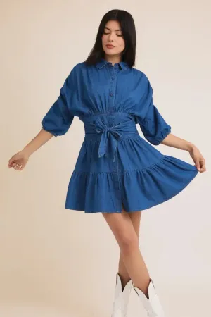 3/4 SLEEVE MINI TIERED SHIRT DRESS