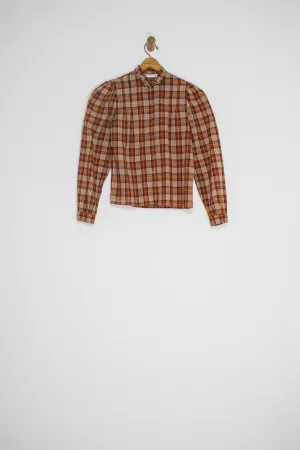 60's PLAID PUFF SLEEVE BUTTON UP / SMALL