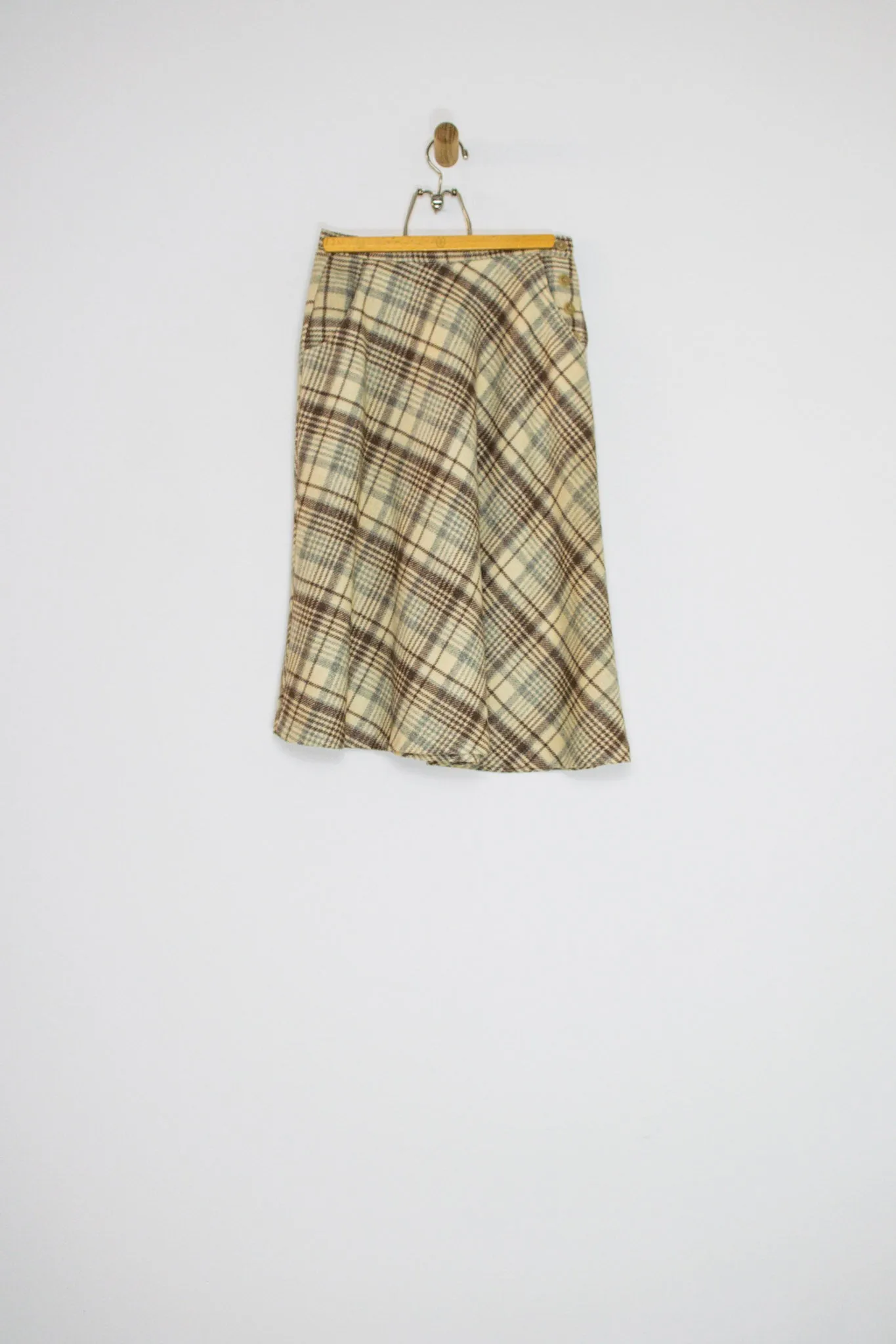 70's CREAM AND BROWN WOOL PLAID SKIRT / 26