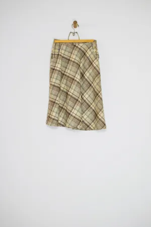 70's CREAM AND BROWN WOOL PLAID SKIRT / 26