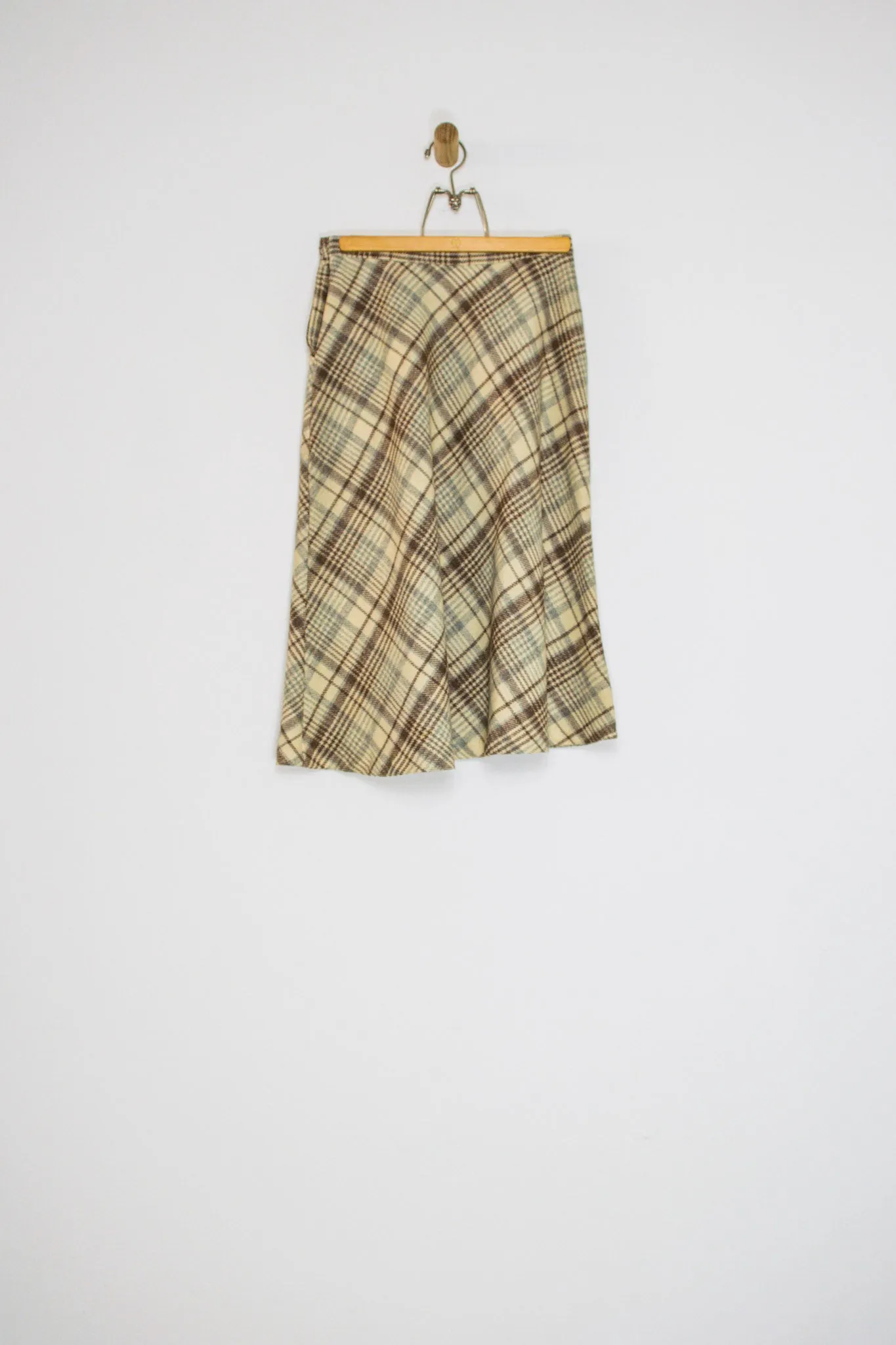70's CREAM AND BROWN WOOL PLAID SKIRT / 26