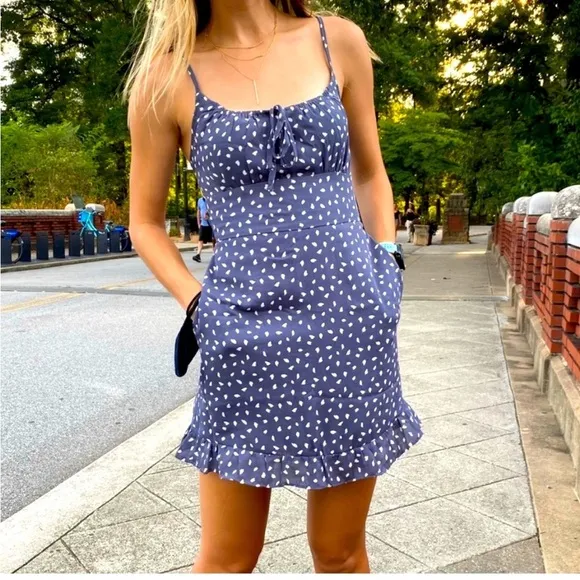 Abercrombie &amp; Fitch Dot Spaghetti Strap Scoopneck Mini Dress Boho Slate Blue XS