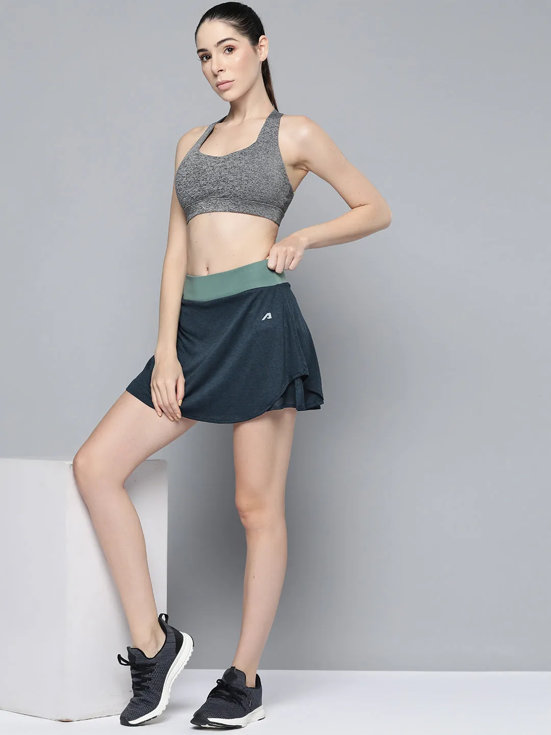 Alcis Women Navy Blue Green Solid Sports Wrap Mini Skirt