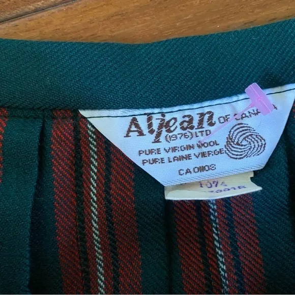 AlJean of Canada Vintage Virgin Wool Pleaded Green Midi Length Plaid Skirt