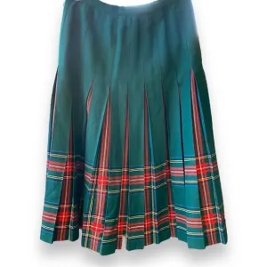 AlJean of Canada Vintage Virgin Wool Pleaded Green Midi Length Plaid Skirt