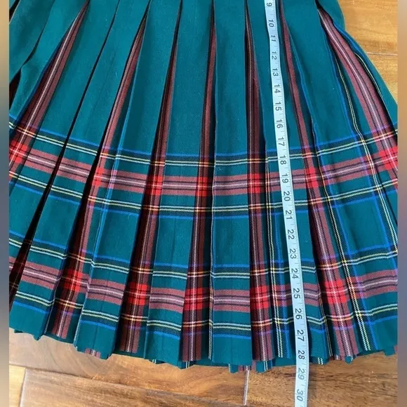 AlJean of Canada Vintage Virgin Wool Pleaded Green Midi Length Plaid Skirt