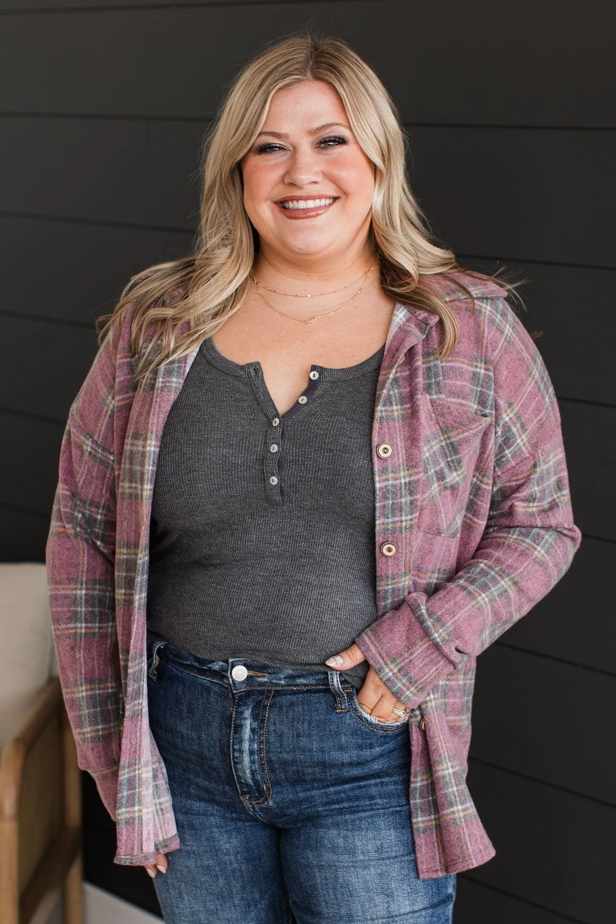 All In Plaid Button Top- Vintage Red