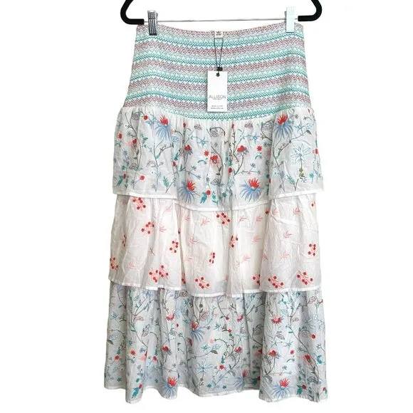 Allison New York Embroidered Tiered Smocked Boho Skirt NWT Sz Large