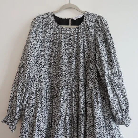 &amp; OTHER STORIES Voluminous Twill Tiered Mini Dress Ditsy Floral Black White Sz M