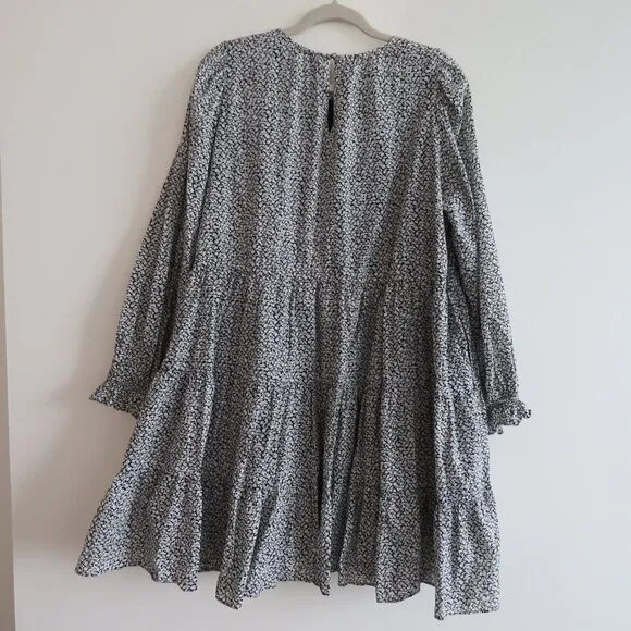 &amp; OTHER STORIES Voluminous Twill Tiered Mini Dress Ditsy Floral Black White Sz M