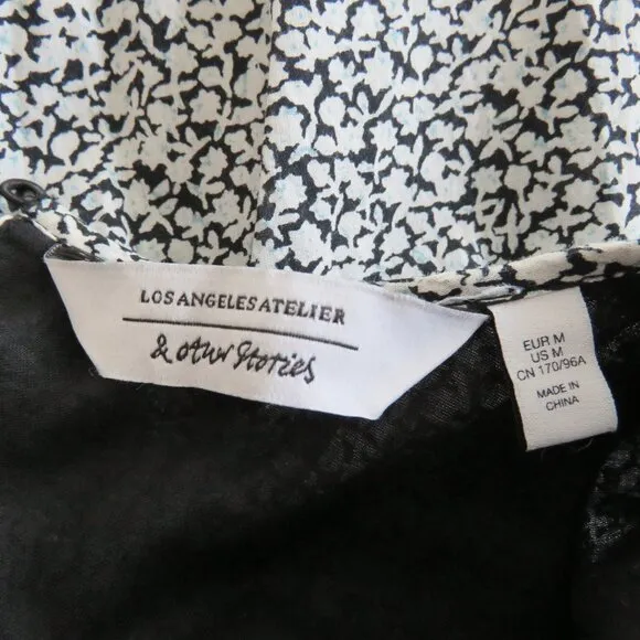 &amp; OTHER STORIES Voluminous Twill Tiered Mini Dress Ditsy Floral Black White Sz M