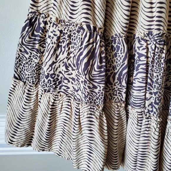 Anthro Beach Gold Women Maxi Skirt XS Animal Print Beige Tiered Boho Hippie NEW