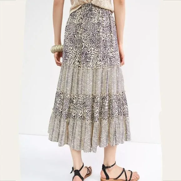 Anthro Beach Gold Women Maxi Skirt XS Animal Print Beige Tiered Boho Hippie NEW
