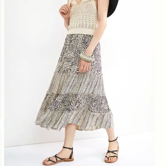Anthro Beach Gold Women Maxi Skirt XS Animal Print Beige Tiered Boho Hippie NEW