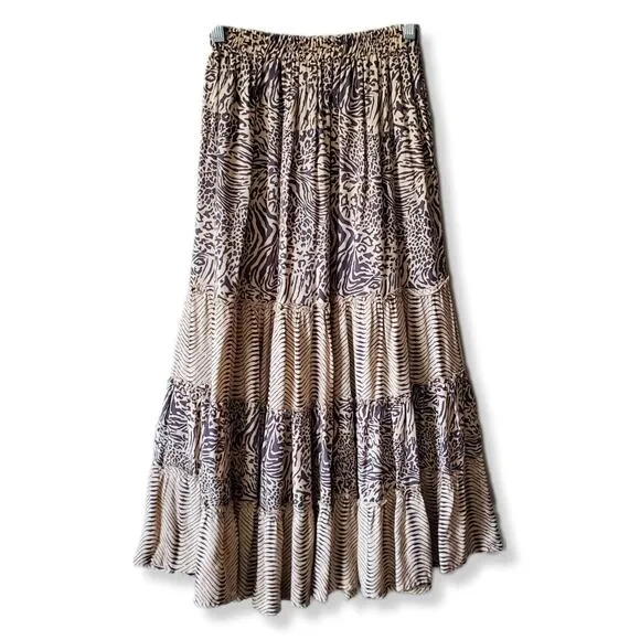 Anthro Beach Gold Women Maxi Skirt XS Animal Print Beige Tiered Boho Hippie NEW