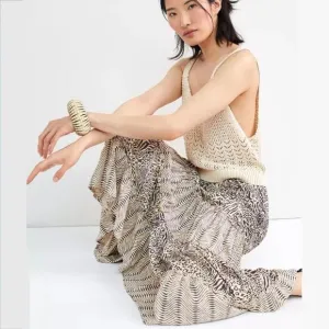 Anthro Beach Gold Women Maxi Skirt XS Animal Print Beige Tiered Boho Hippie NEW