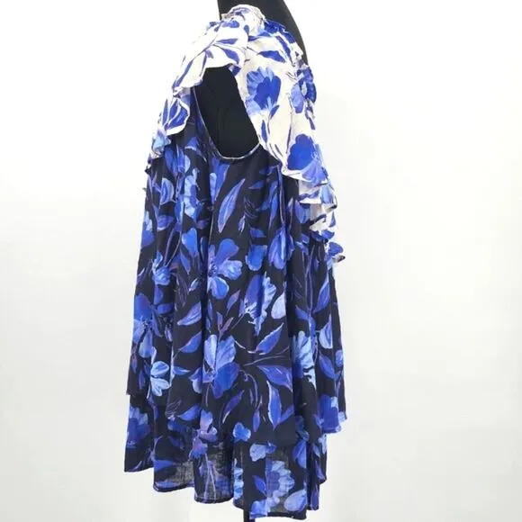 Anthropologie Easy One Shoulder Floral Dress Womens Small Blue &amp; White Boho Chic