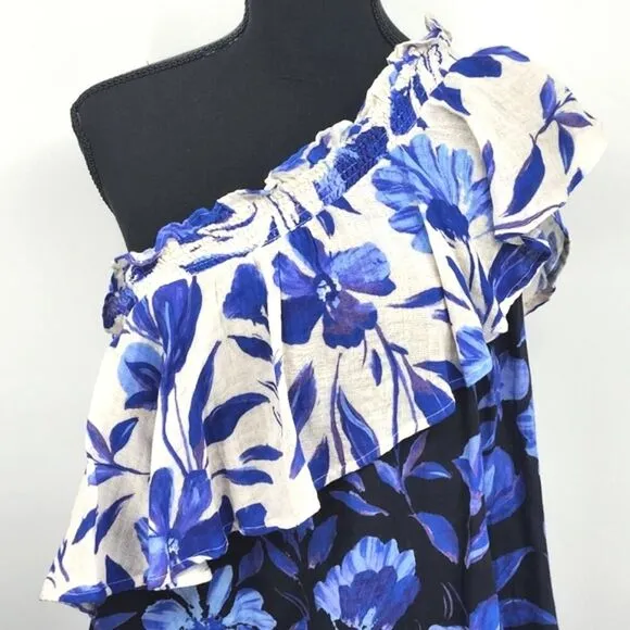Anthropologie Easy One Shoulder Floral Dress Womens Small Blue &amp; White Boho Chic