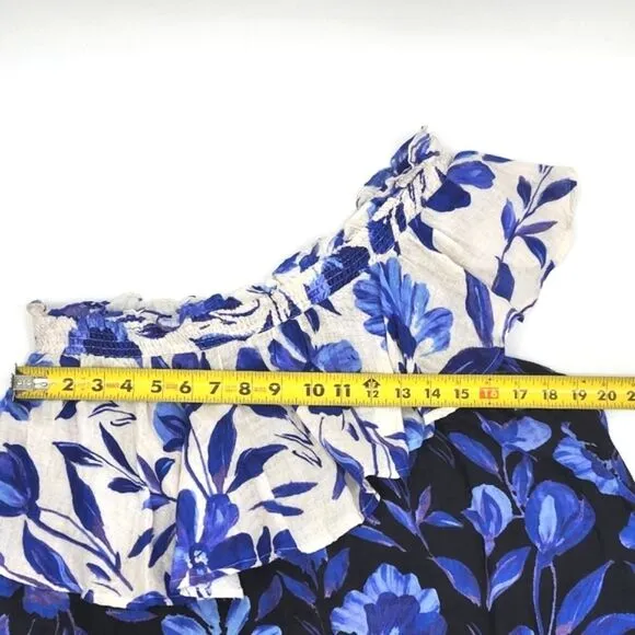Anthropologie Easy One Shoulder Floral Dress Womens Small Blue &amp; White Boho Chic