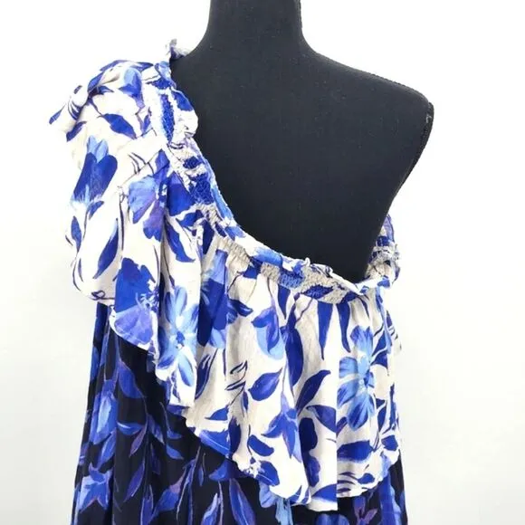 Anthropologie Easy One Shoulder Floral Dress Womens Small Blue &amp; White Boho Chic
