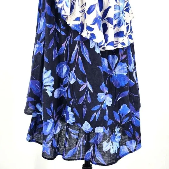 Anthropologie Easy One Shoulder Floral Dress Womens Small Blue &amp; White Boho Chic