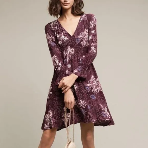 Anthropologie Maeve Monaco Purple Floral Tiered Dress Womens Size Small