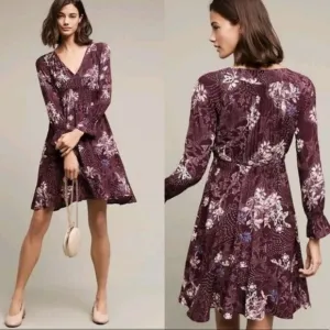 Anthropologie Maeve Monaco Purple Floral Tiered Dress Womens Size Small