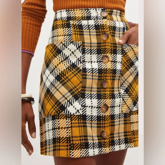 ANTHROPOLOGIE Maeve Plaid Mini A-Line Yellow Button Front Skirt Tweed Size 0