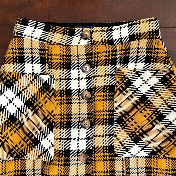 ANTHROPOLOGIE Maeve Plaid Mini A-Line Yellow Button Front Skirt Tweed Size 0
