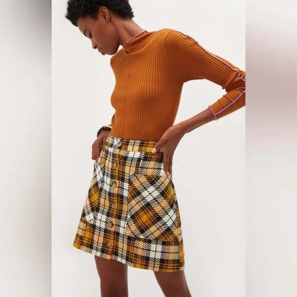 ANTHROPOLOGIE Maeve Plaid Mini A-Line Yellow Button Front Skirt Tweed Size 0