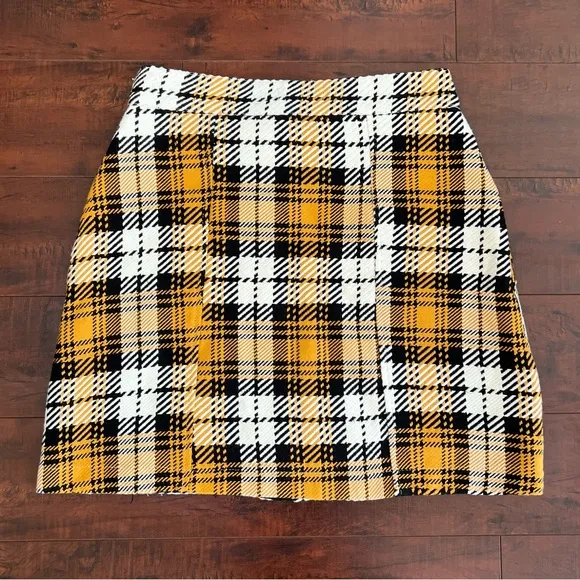 ANTHROPOLOGIE Maeve Plaid Mini A-Line Yellow Button Front Skirt Tweed Size 0