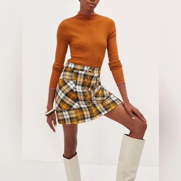 ANTHROPOLOGIE Maeve Plaid Mini A-Line Yellow Button Front Skirt Tweed Size 0