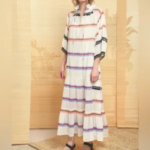 Apiece Apart White Boho Stripped Long Sheer Tiered Cotton Maxi Dress Size 6
